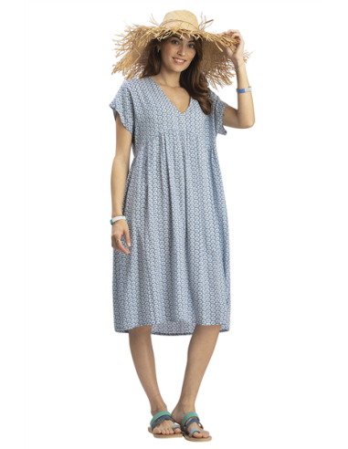 Robe ample mi-longue "Médaillons ciel" col v,mc,froncée poitrine,viscose SMLXL