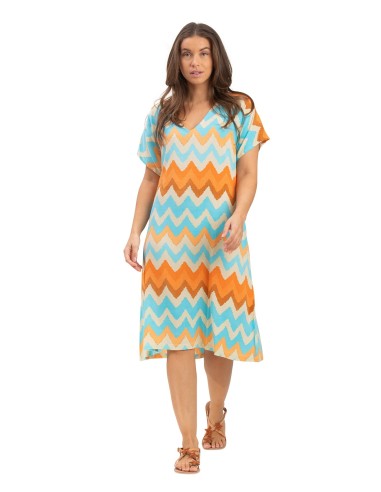 Robe ample mi-longue"ZigZag"col v,manches courtes,viscose (SMLXL)