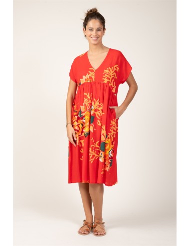 Robe ample mi-longue"Corail Fleuri Rouge Pimenté"col v,mc,froncée poitrine,visc