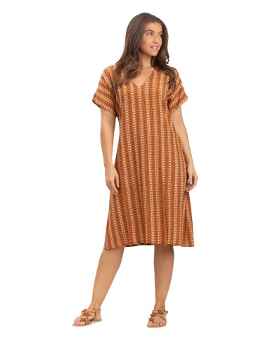 Robe ample mi-longue "Pois Marron pécan"col v,mc,viscose (SMLXL)