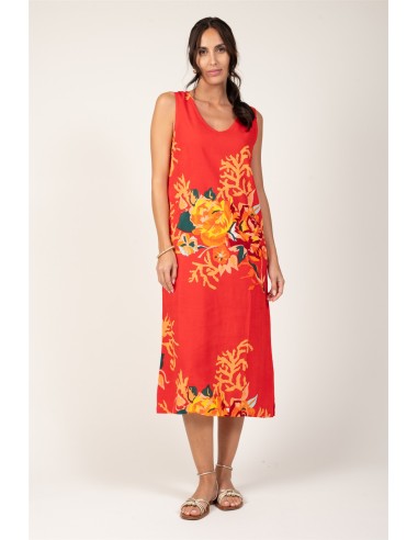 Robe longue"Corail Fleuri Rouge Pimenté"droite,ss manches,col V,viscose