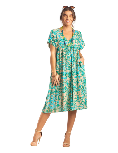 Robe ample mi-longue "Arabesques vertes",col v,mc,froncée poitrine,viscose SMLXL