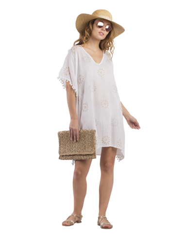 Kaftan Blanc Soleil Or/Argent, bord pompoms, coton  TU