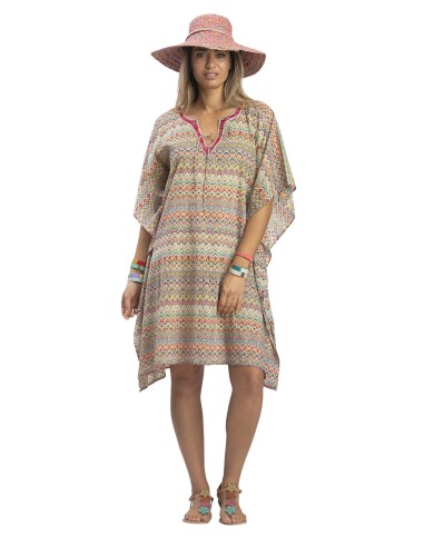 Kaftan "Zig Zag", col v liens, surpiqures et perles, coton  TU