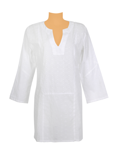 Tunique Blanche, broderie anglaise, col ouvert, coton, SMLXL