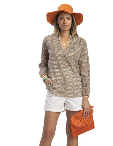 Tunique courte "Grands losanges oranges" col V,Long sleeves, elastic,coton SMLXL