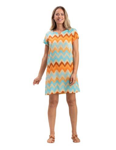 Robe courte "Zig Zag" col V, manches courtes, poches, coton SMLXL