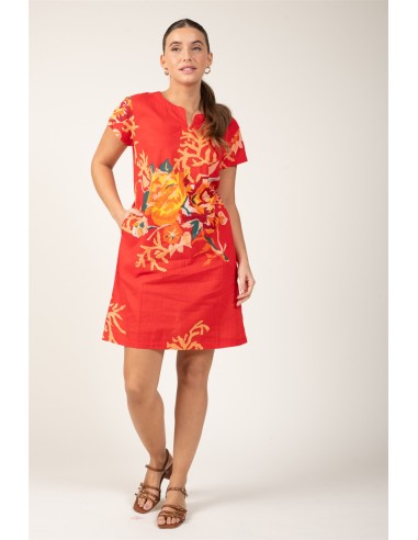 Robe courte "Corail Fleuri Rouge Pimenté"col V,mc,poches,coton (SMLXL)