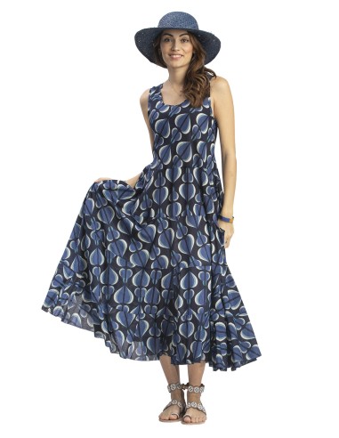 Robe ample "Figues Bleues", 2 poches, 3 volants, coton (S,M,L,XL)