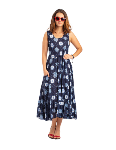 Robe ample "Indigo ", 2 poches, 3 volants, coton (S,M,L,XL)