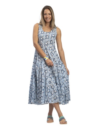 Robe ample "Graphik bleu", 2 poches, 3 volants, coton (S,M,L,XL)