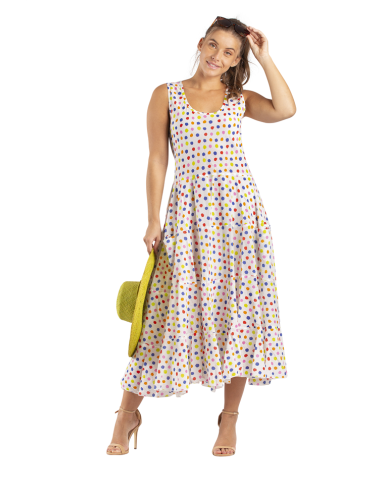 Robe ample "Pois Multicolore Ecru", 2 poches, 3 volants, coton (S,M,L,XL)