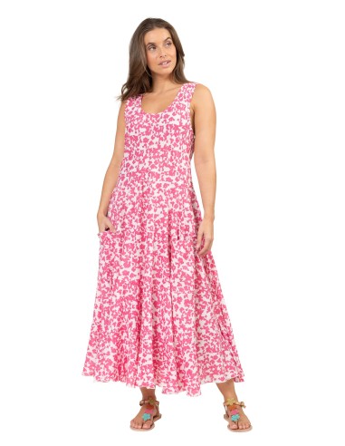 Robe ample "Papillons rose ", 2 poches, 3 volants, coton (S,M,L,XL)