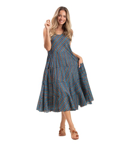 Robe ample "Pois Navy Acapulco", 2 poches, 3 volants, coton (S,M,L,XL)