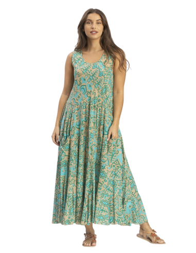 Robe ample mi-longue "Arabesques turquoise/vert",3 volants,2 poches,col rond