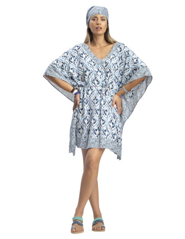 Kaftan "Graphik bleu/leopard", col et dos v, liens taille,  coton TU