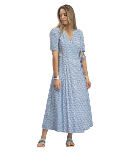 Robe longue portefeuille "Fleurs bleues" manch courtes,base droite,viscose SMLXL