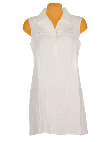 Robe courte Lin blanc, sans manches, fausses poches, 4 boutons,  MLXL