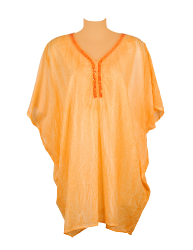 Kaftan courte Safran, col V brodé perles, coton TU