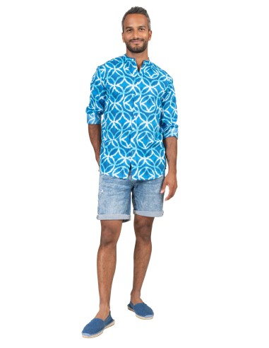 Tunique homme "Rosaces Bleu Pacifique"col officier, manches longues, coton,SMLXL