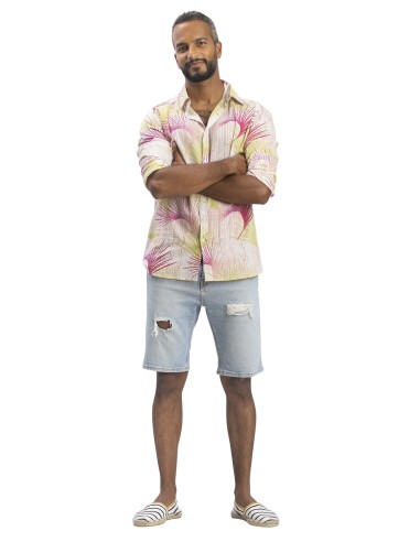 Chemisier homme "Palmes roses", manches longues, coton  (S,M,L,XL)