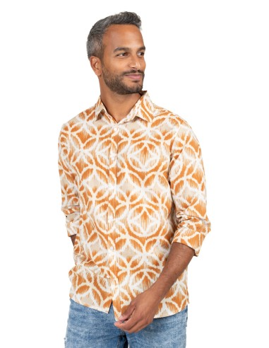 Chemisier homme "Rosaces Marron noix de pécan" manches longues, coton SMLXL