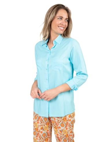 Chemisier "Bleu Caraibes" manches longues, 2 poches, viscose SMLXL