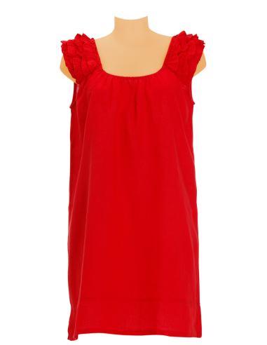 Robe Lin Rouge, froufrou sur épaules (M-L-XL)