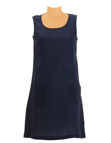 Robe droite Lin Navy, col rond, 2 poches (M-L-XL)