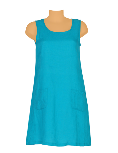 Robe droite Lin Turquoise, col rond, sans manches, 2 poches devant (S-M-L-XL)