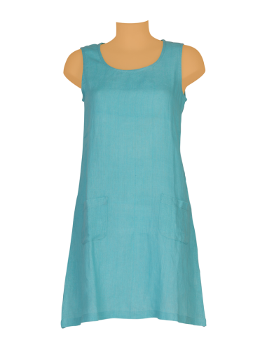 Robe droite Lin Aqua, col rond, sans manches, 2 poches devant (S-M-L-XL)