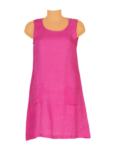 Robe droite Lin Fuschia, col rond, sans manches, 2 poches devant (S-M-L-XL)