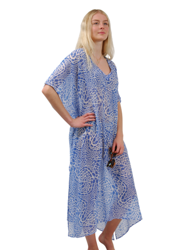 Kaftan Mosaïque Bleue, col déco perles, polyester, TU