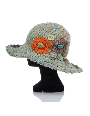 Chapeau chanvre Ciel ajouré,fleurs pastel relief TU