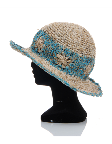 Chapeau chanvre bord et frise fleurs turquoises, TU