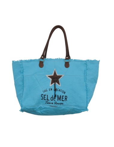 Sac L toile bleu caraïbes "Sel de Mer"anses & étoile cuir,frangé,zip (44x33x19)