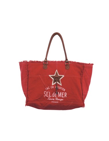 Sac L toile rouge pimenté "Sel de Mer"anses & étoile cuir,frangé,zip (44x33x19)