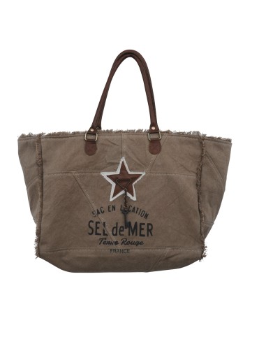 Sac L toile beige dulce "Sel de Mer"anses & étoile cuir,frangé,zip (44x33x19)