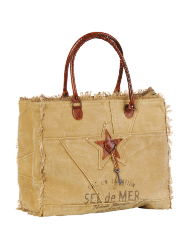 Sac L toile tabac "Sel de mer" frangé,anses & étoile cuir,zip (44x33x19)