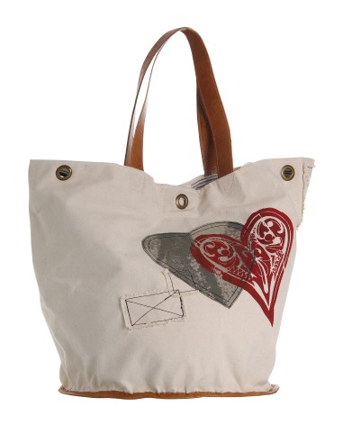 Grand sac seau "Print & Patch" Ecru, anses et base cuir, coton