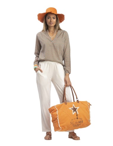 Sac L toile orange "Sel de Mer" franges,anses tissu,zip (44x33x19)