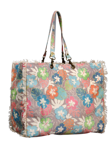 Sac L toile "Fleur de tiaré" , anses tissu, franges, zip (45*35*20cm)