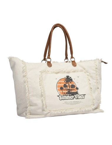 Sac XL toile beige patch "Summer Vibes Life"anses cuir,frangé (52x42x24)