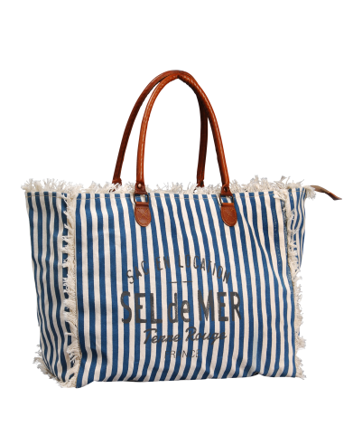 Sac L toile "Sel de Mer" Rayures Navy, anses cuir, franges, zip(45*35*20cm)