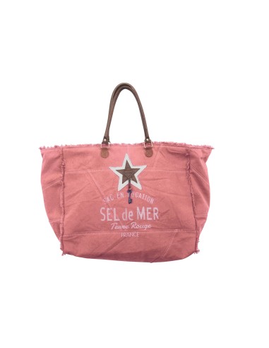 Sac XL toile rose maracas "Sel de Mer"anses & étoile cuir,frangé (52x42x24)