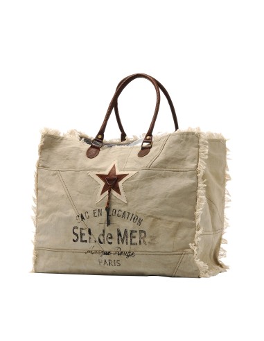 Sac XL toile beige tequila "Sel de Mer"anses & étoile cuir,frangé (52x42x24)