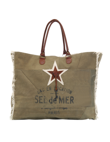 Sac XL toile kaki "Sel de Mer"anses & étoile cuir,frangé (52x42x24)