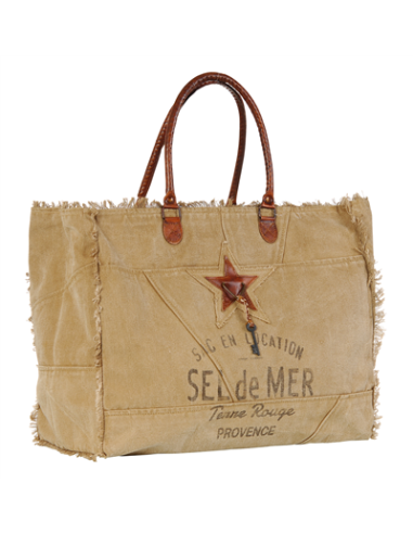 Sac XL toile tabac "Sel de Mer"anses cuir,frangé,zip 52x42cm