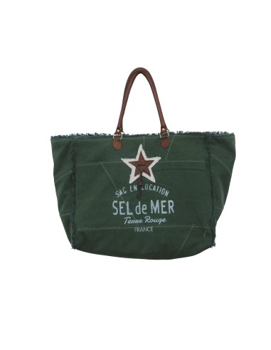 Sac XL toile vert cactus "Sel de Mer"anses & étoile cuir,frangé (52x42x24)