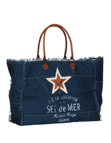 Sac XL toile bleu marine "Sel de Mer"anses & étoile cuir,frangé,zip (50x39x24)